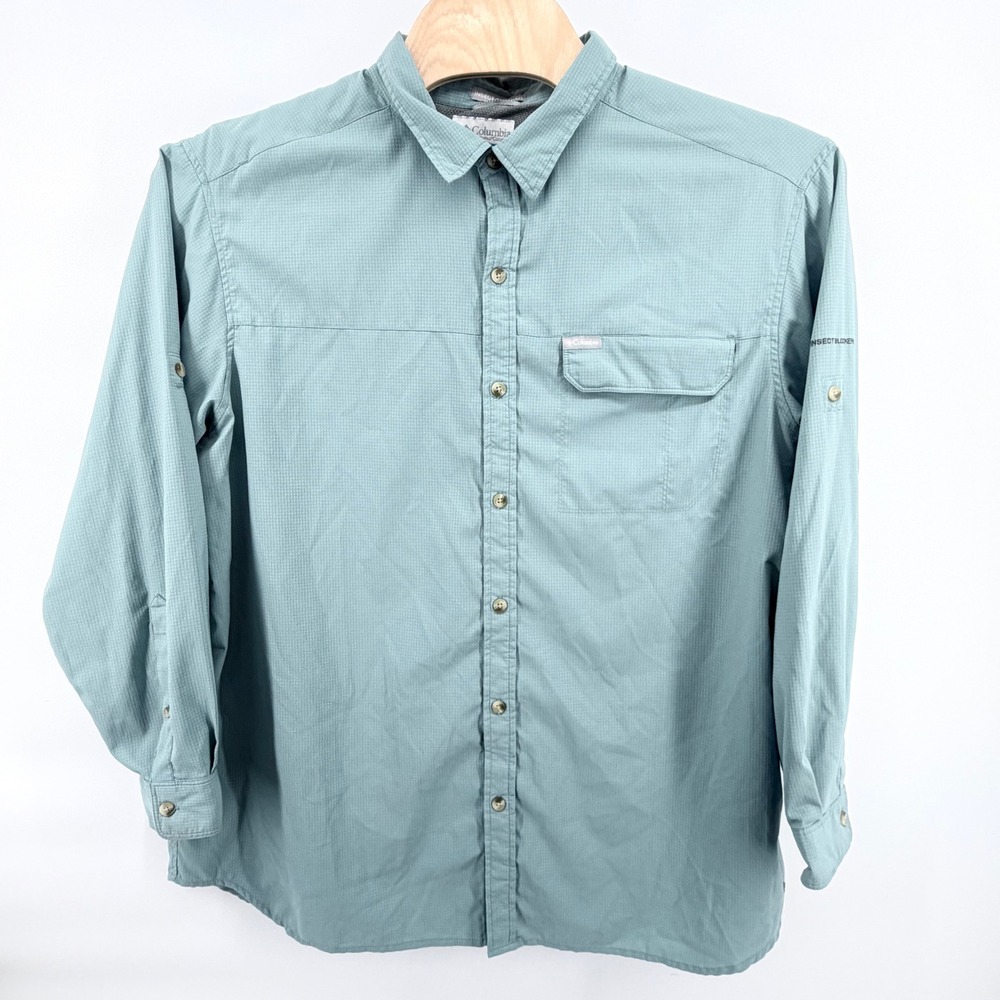 Columbia Insect Blocker Shirt‎ Mens XXL Green Vented Hiking Long Sleeve Roll Tab